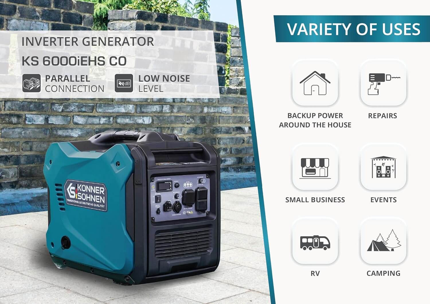 KS KÖNNER SÖHNEN KS 6000iEHS CO -kaksoispolttoaineinen kannettava invertterigeneraattori, maksimiteho 5500 W, CO-anturi, 100 % kuparikäämitys, LED-näyttö, kevyt kantolaukku, ihanteellinen ulkokäyttöön ja retkeilyyn - Image 7