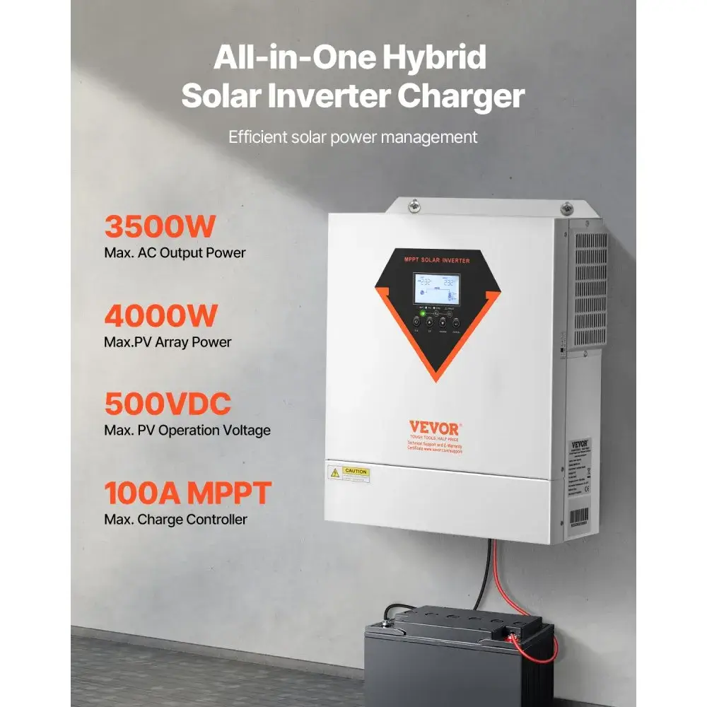 VEVOR-hybridiaurinkoinvertteri, 3500 W, all-in-one-puhdas siniaaltoinvertteri-laturi, 24 V DC - 220/230 V AC, integroidulla 100 A:n MPPT-aurinkosäätimellä, off-grid-järjestelmiin ja litiumhappoakkuihin. - Image 7