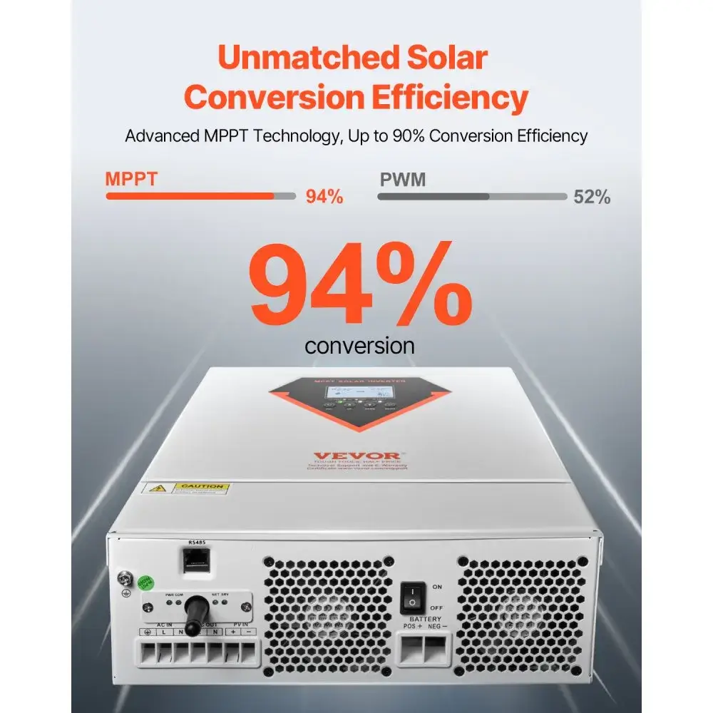 VEVOR-hybridiaurinkoinvertteri, 3500 W, all-in-one-puhdas siniaaltoinvertteri-laturi, 24 V DC - 220/230 V AC, integroidulla 100 A:n MPPT-aurinkosäätimellä, off-grid-järjestelmiin ja litiumhappoakkuihin. - Image 6