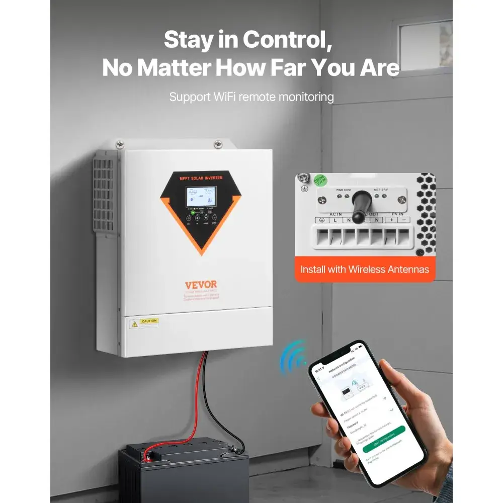 VEVOR-hybridiaurinkoinvertteri, 3500 W, all-in-one-puhdas siniaaltoinvertteri-laturi, 24 V DC - 220/230 V AC, integroidulla 100 A:n MPPT-aurinkosäätimellä, off-grid-järjestelmiin ja litiumhappoakkuihin. - Image 5