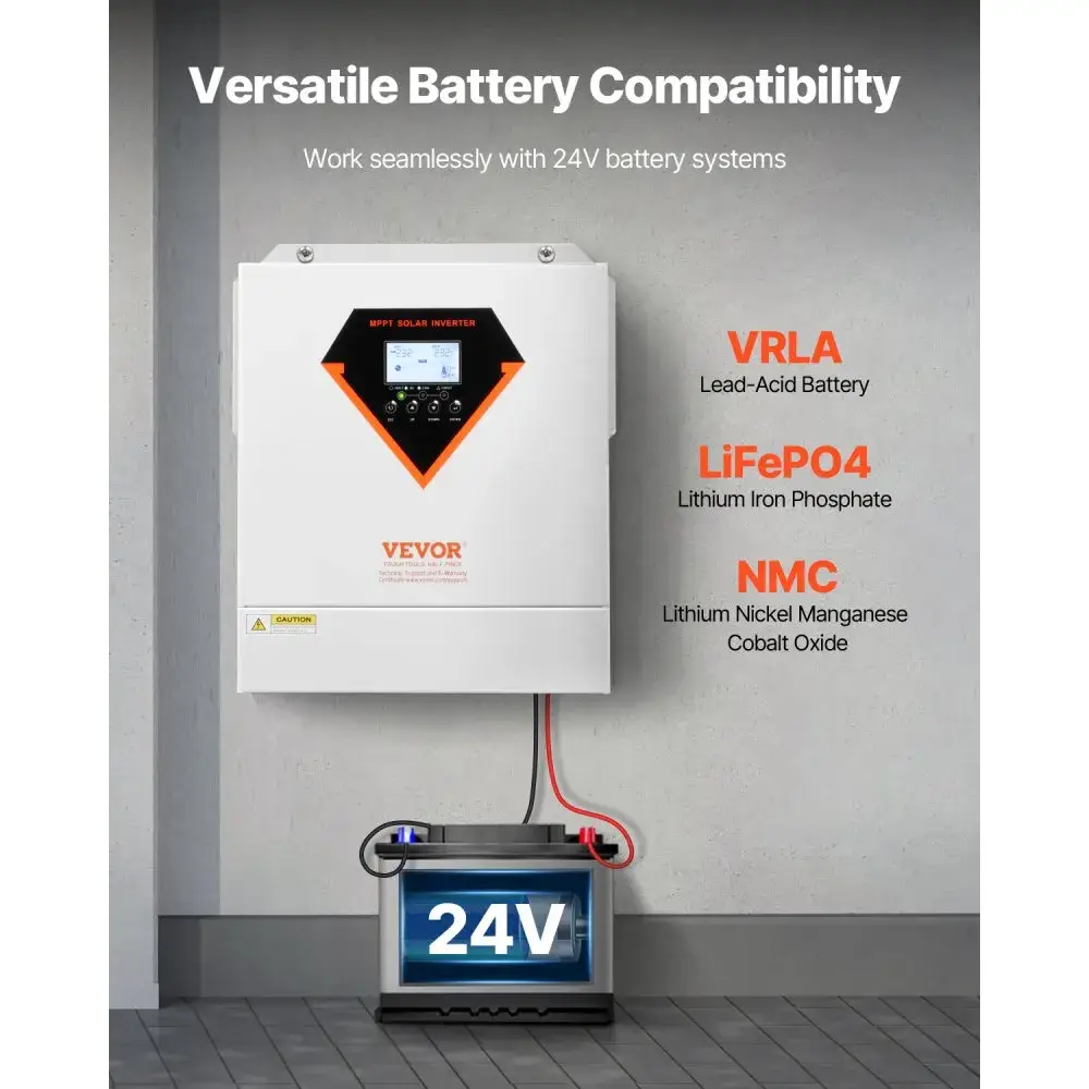 VEVOR-hybridiaurinkoinvertteri, 3500 W, all-in-one-puhdas siniaaltoinvertteri-laturi, 24 V DC - 220/230 V AC, integroidulla 100 A:n MPPT-aurinkosäätimellä, off-grid-järjestelmiin ja litiumhappoakkuihin. - Image 4