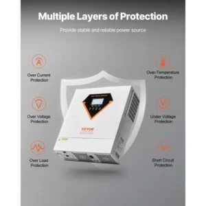 VEVOR-hybridiaurinkoinvertteri, 3500 W, all-in-one-puhdas siniaaltoinvertteri-laturi, 24 V DC – 220/230 V AC, integroidulla 100 A:n MPPT-aurinkosäätimellä, off-grid-järjestelmiin ja litiumhappoakkuihin.