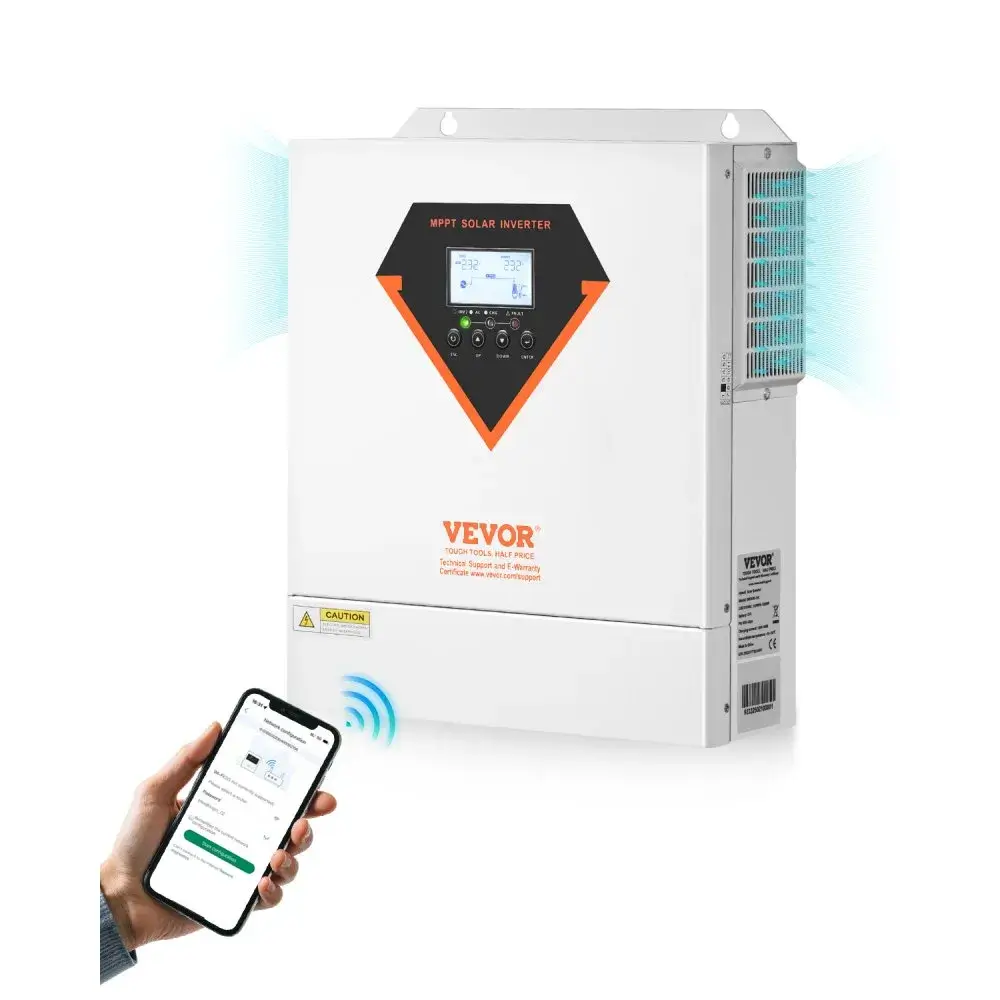 VEVOR-hybridiaurinkoinvertteri, 3500 W, all-in-one-puhdas siniaaltoinvertteri-laturi, 24 V DC - 220/230 V AC, integroidulla 100 A:n MPPT-aurinkosäätimellä, off-grid-järjestelmiin ja litiumhappoakkuihin.